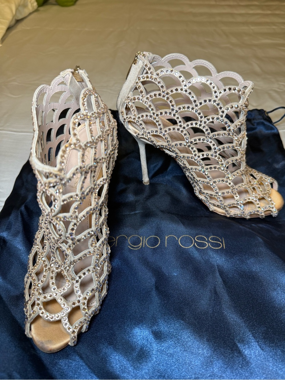 Sergio Rossi White Crystal-Embellished Cutout Stiletto Booties